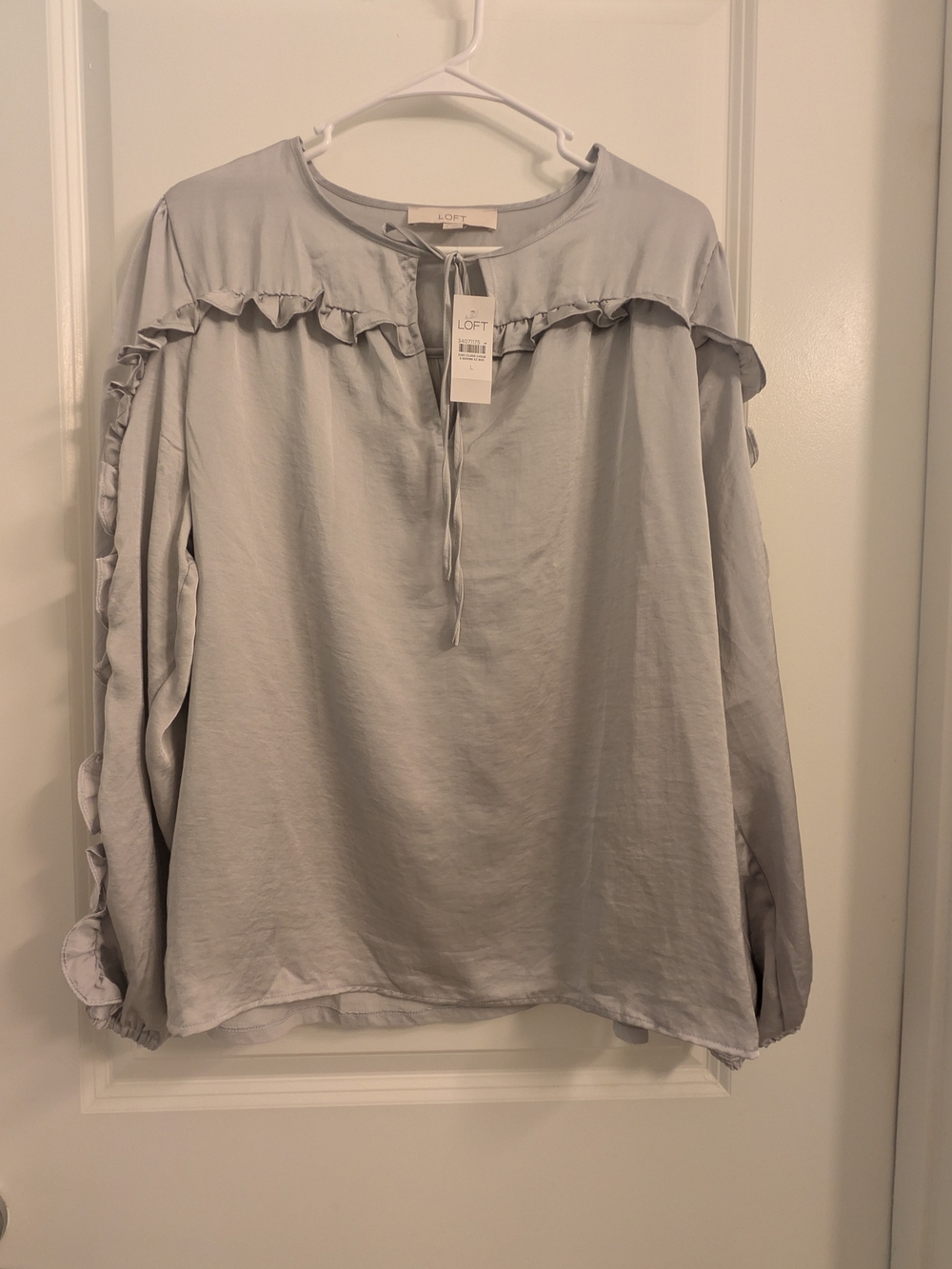 LOFT Pale Gray Ruffle-Trim Tie-Neck Blouse